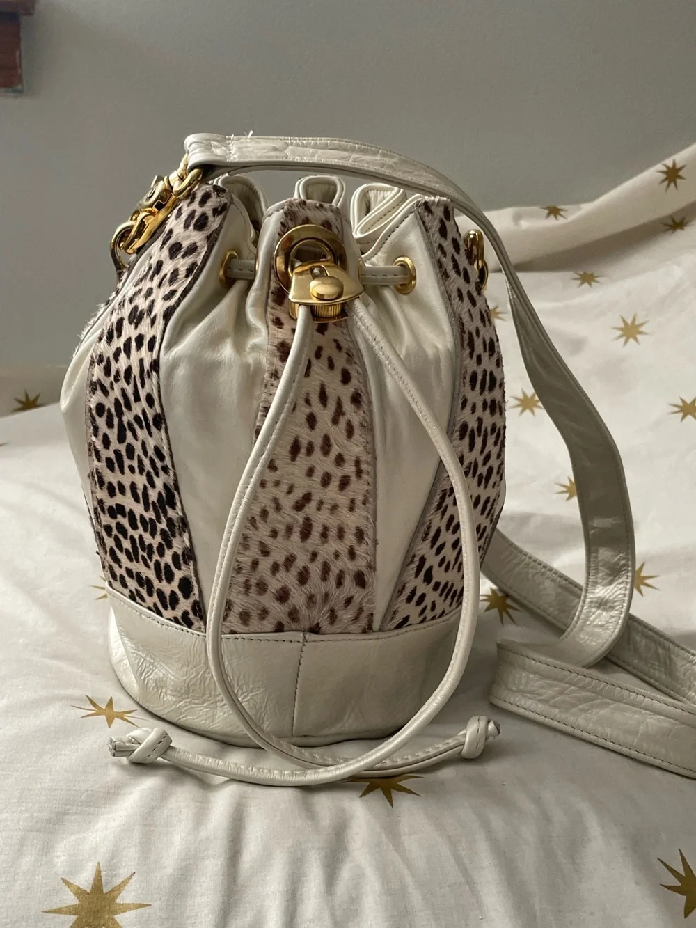 Vintage White & Leopard Pony Hair Leather Drawstring Bucket Bag